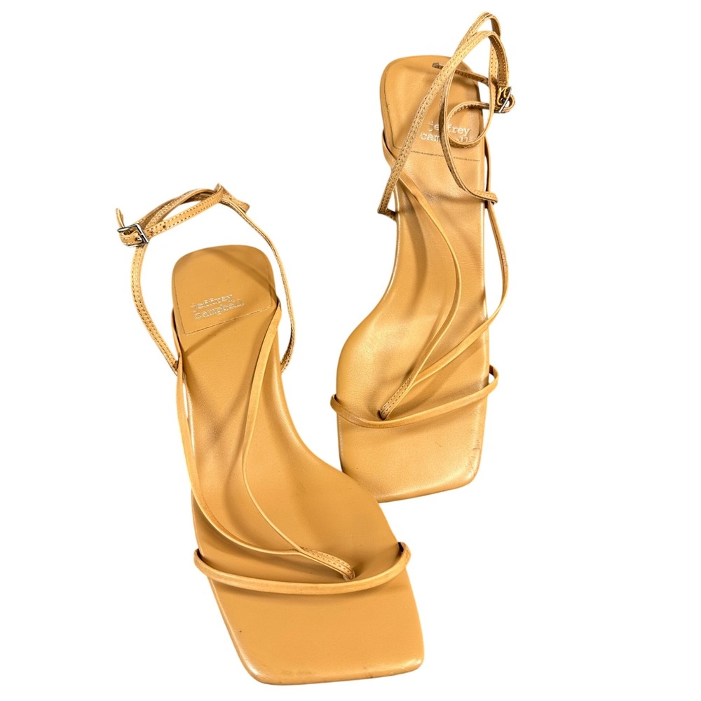 Jeffrey Campbell Tan Leather Strappy Square Toe Kitten Heel Sandals 8